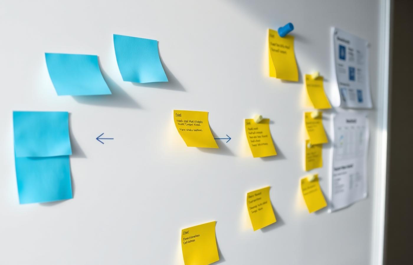 Whiteboard covered with sticky notes and early workflow sketches