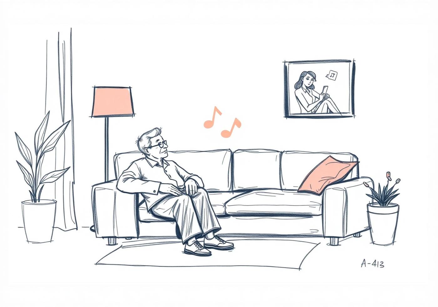 Hand-drawn storyboard of an older adult relaxing while MIRA supports an evening routine