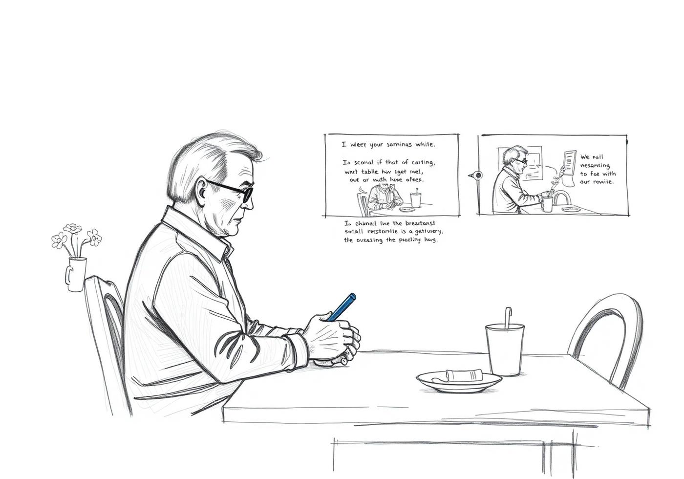 Hand-drawn storyboard of an older adult using MIRA during a morning routine