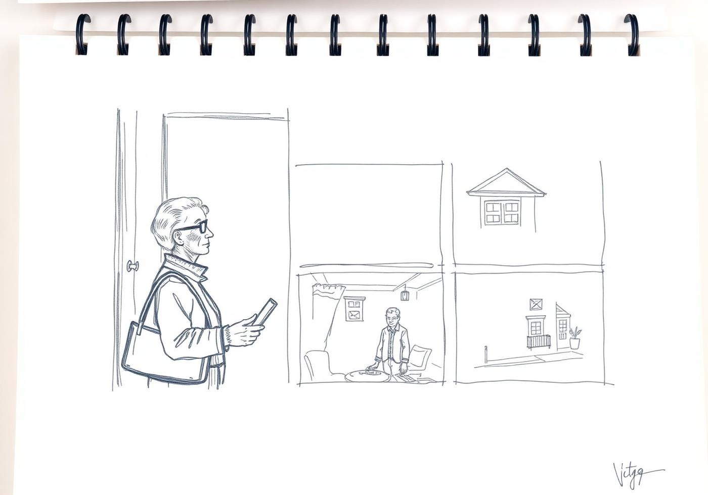 Hand-drawn storyboard of an older adult using contextual guidance while leaving home